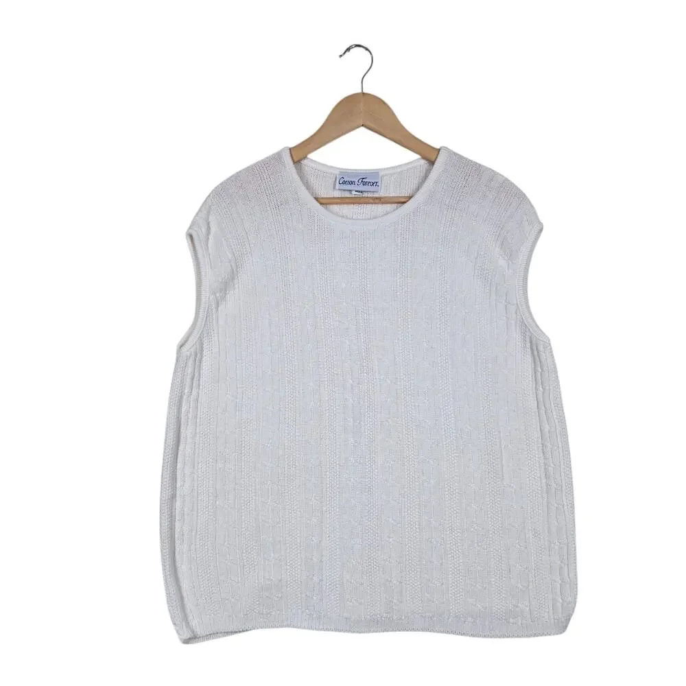 Vintage Cotton Forever Sweater Vest Sz M* White Cable Knit Boxy Oversized Preppy